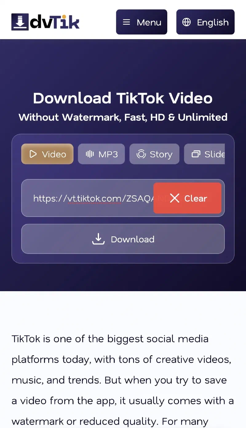 Ảnh chụp màn hình hộp nhập dvTik để dán liên kết TikTok